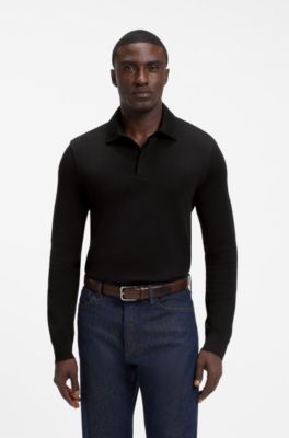 Regular-fit polo shirt in cotton and wool, Black