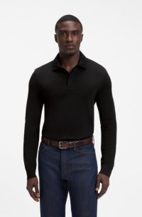 Regular-fit polo shirt in cotton and wool, Black