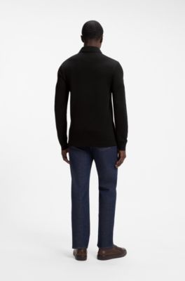 Regular-fit polo shirt in cotton and wool, Black
