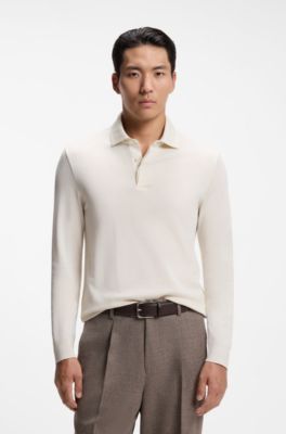 Regular-fit polo shirt in cotton and wool, Natural