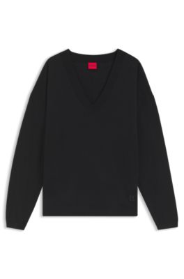 Jersey de lana y cashmere con cuello en pico, Negro