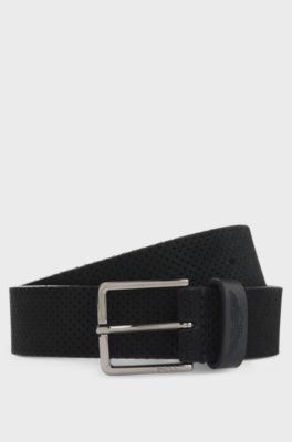 BOSS x ASTON MARTIN perforated-suede belt with logo, Black