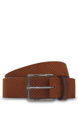 BOSS x ASTON MARTIN perforated-suede belt with logo, Brown