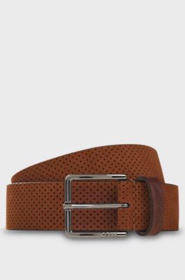 BOSS x ASTON MARTIN perforated-suede belt with logo, Brown