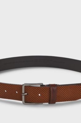 BOSS x ASTON MARTIN perforated-suede belt with logo, Brown