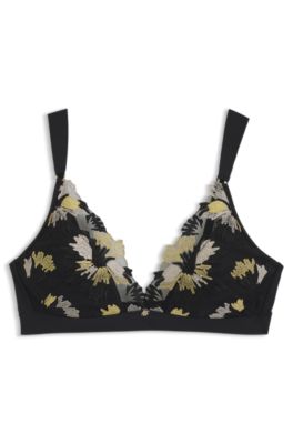 Embroidered triangle bra with Double B monogram charm, Black Patterned