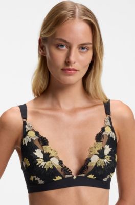 Embroidered triangle bra with Double B monogram charm, Black Patterned