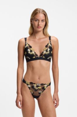 Embroidered triangle bra with Double B monogram charm, Black Patterned