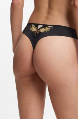 Embroidered thong with Double B monogram charm, Black