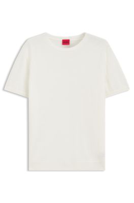 Pull en laine m&eacute;lang&eacute;e &agrave; manches courtes avec logo revisit&eacute; brod&eacute;, Naturel