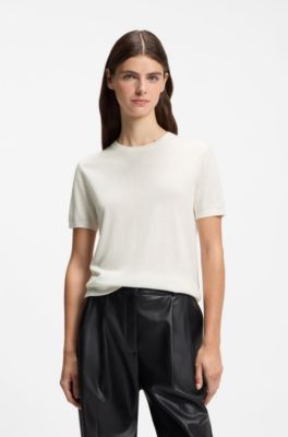 Short-sleeved sweater in a wool-cashmere blend, Natural