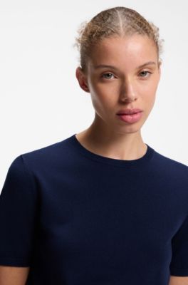 Wool-blend short-sleeved sweater with stacked-logo embroidery, Dark Blue