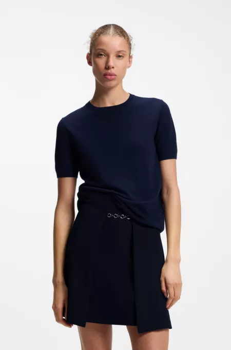 Wool-blend short-sleeved sweater with stacked-logo embroidery