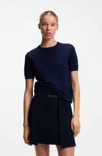 Wool-blend short-sleeved sweater with stacked-logo embroidery, Dark Blue