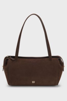 Faux-suede handbag with metallic stacked logo, Dark Brown
