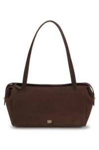 Faux-suede handbag with metallic stacked logo, Dark Brown