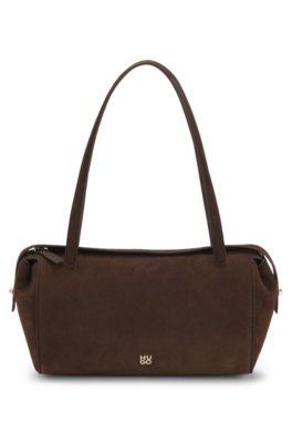 Faux-suede handbag with metallic stacked logo