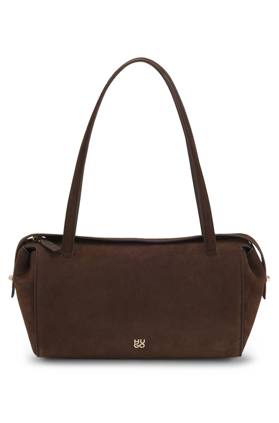 Faux-suede handbag with metallic stacked logo