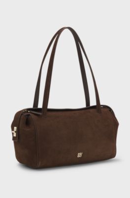 Faux-suede handbag with metallic stacked logo, Dark Brown
