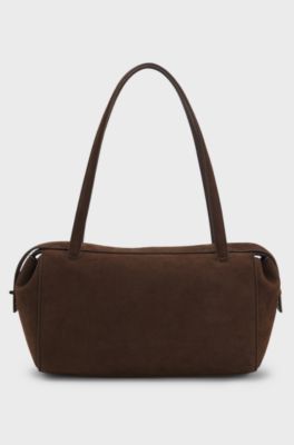 Faux-suede handbag with metallic stacked logo, Dark Brown