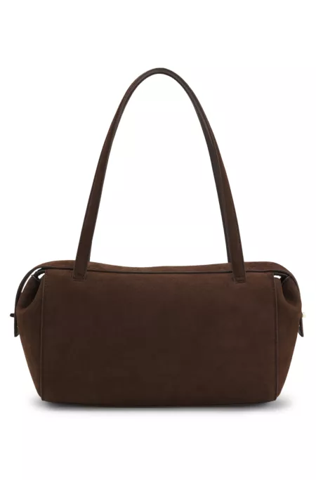 Faux-suede handbag with metallic stacked logo