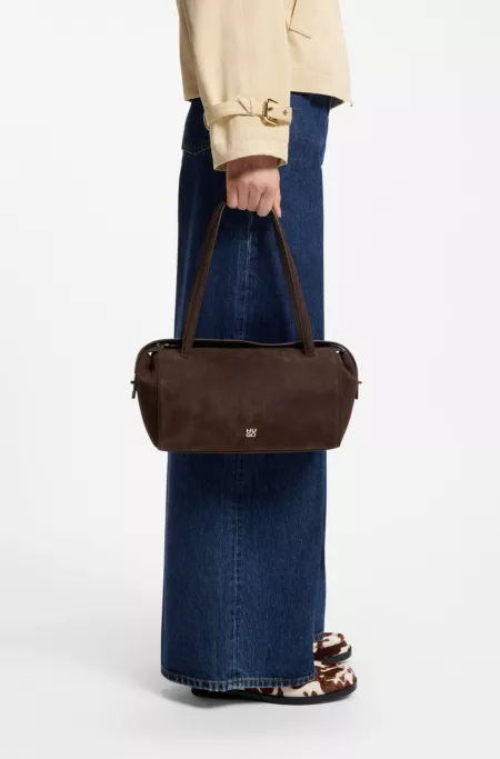 Faux-suede handbag with metallic stacked logo