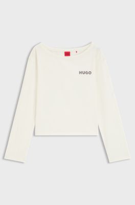 Long-sleeved pyjama top with logo print, Natural