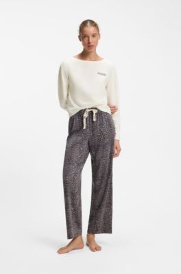 Long-sleeved pyjama top with logo print, Natural