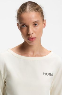 Long-sleeved pyjama top with logo print, Natural