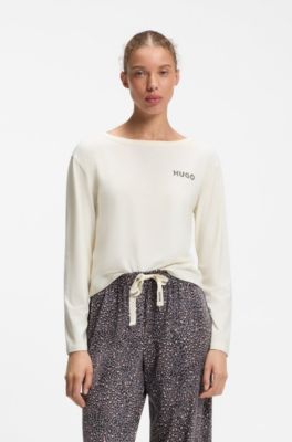 Long-sleeved pyjama top with logo print, Natural
