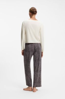 Long-sleeved pyjama top with logo print, Natural