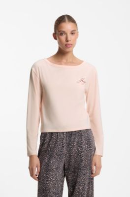 Long-sleeved pyjama top with logo print, Light Pink