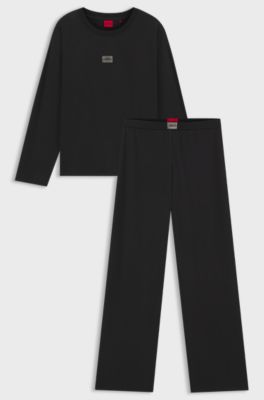 Stretch-cotton pyjama set with rhinestone logos, Black