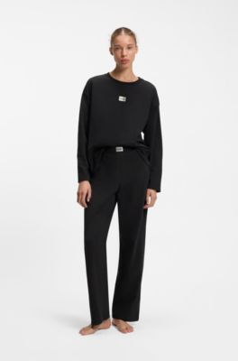 Stretch-cotton pyjama set with rhinestone logos, Black