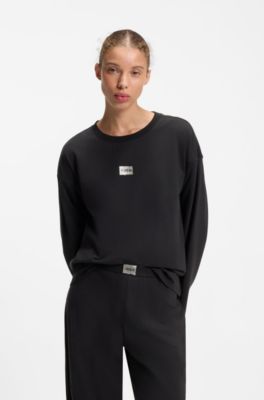 Stretch-cotton pyjama set with rhinestone logos, Black