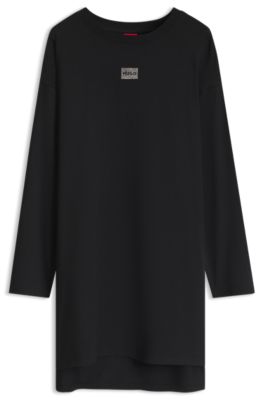 Stretch-cotton night dress with rhinestone logo, Black