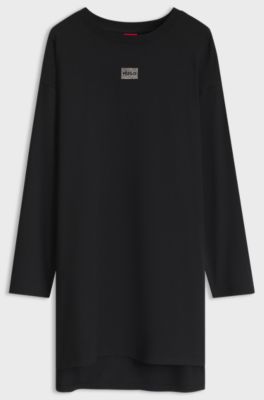 Stretch-cotton night dress with rhinestone logo, Black