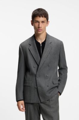 Modern-fit suit jacket in herringbone fabric, Dark Grey