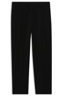Modern-fit trousers in cotton velvet with pleat front, Black