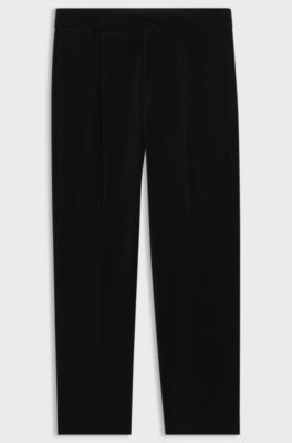 Modern-fit trousers in cotton velvet with pleat front, Black