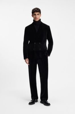 Modern-fit trousers in cotton velvet with pleat front, Black