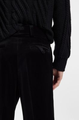 Modern-fit trousers in cotton velvet with pleat front, Black