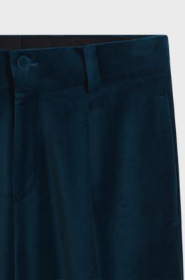 Modern-fit trousers in cotton velvet with pleat front, Turquoise