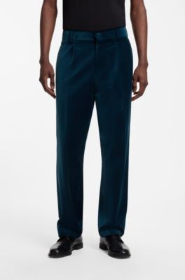 Modern-fit trousers in cotton velvet with pleat front, Turquoise