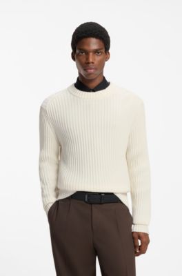 Relaxed-fit sweater in ribbed cotton, Natural