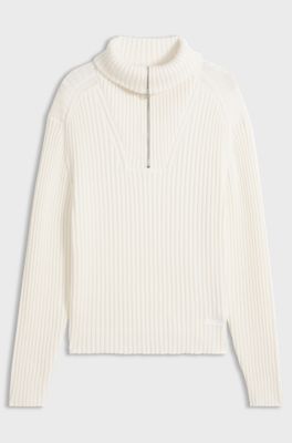 Relaxed-fit sweater in ribbed cotton with zip neck, Natural