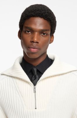 Relaxed-fit sweater in ribbed cotton with zip neck, Natural