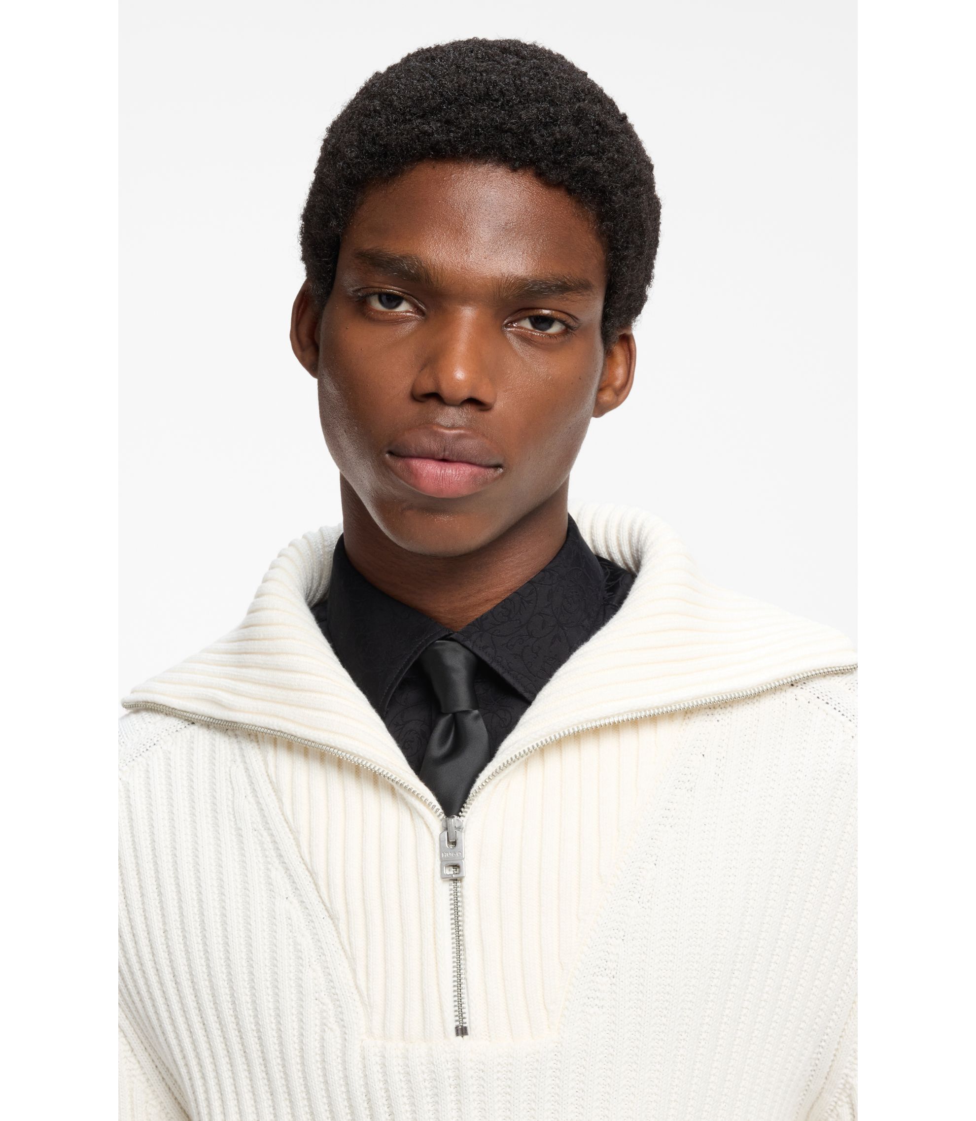 HUGO - Relaxed-fit sweater in ribbed cotton with zip neck - Natural