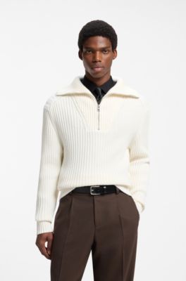 Relaxed-fit sweater in ribbed cotton with zip neck, Natural