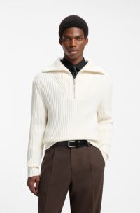 Relaxed-fit sweater in ribbed cotton with zip neck, Natural